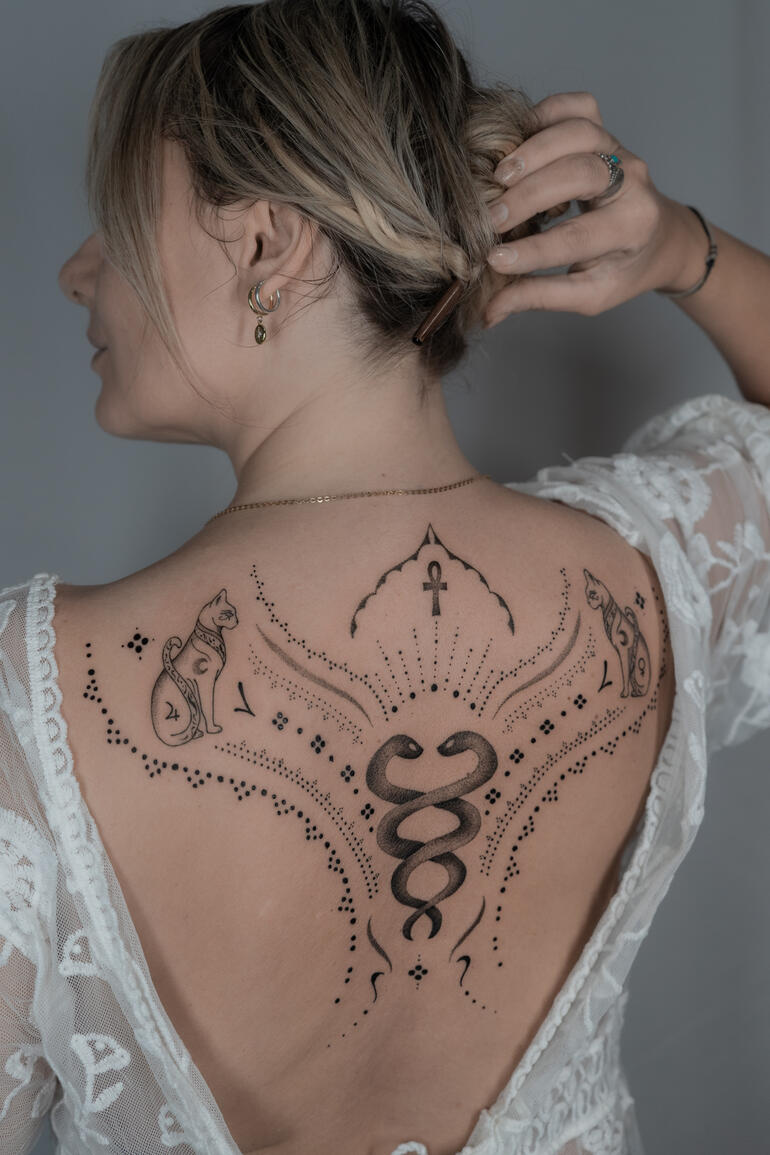 tatuaggio di serpente e gatto con ornamentale su una schiena